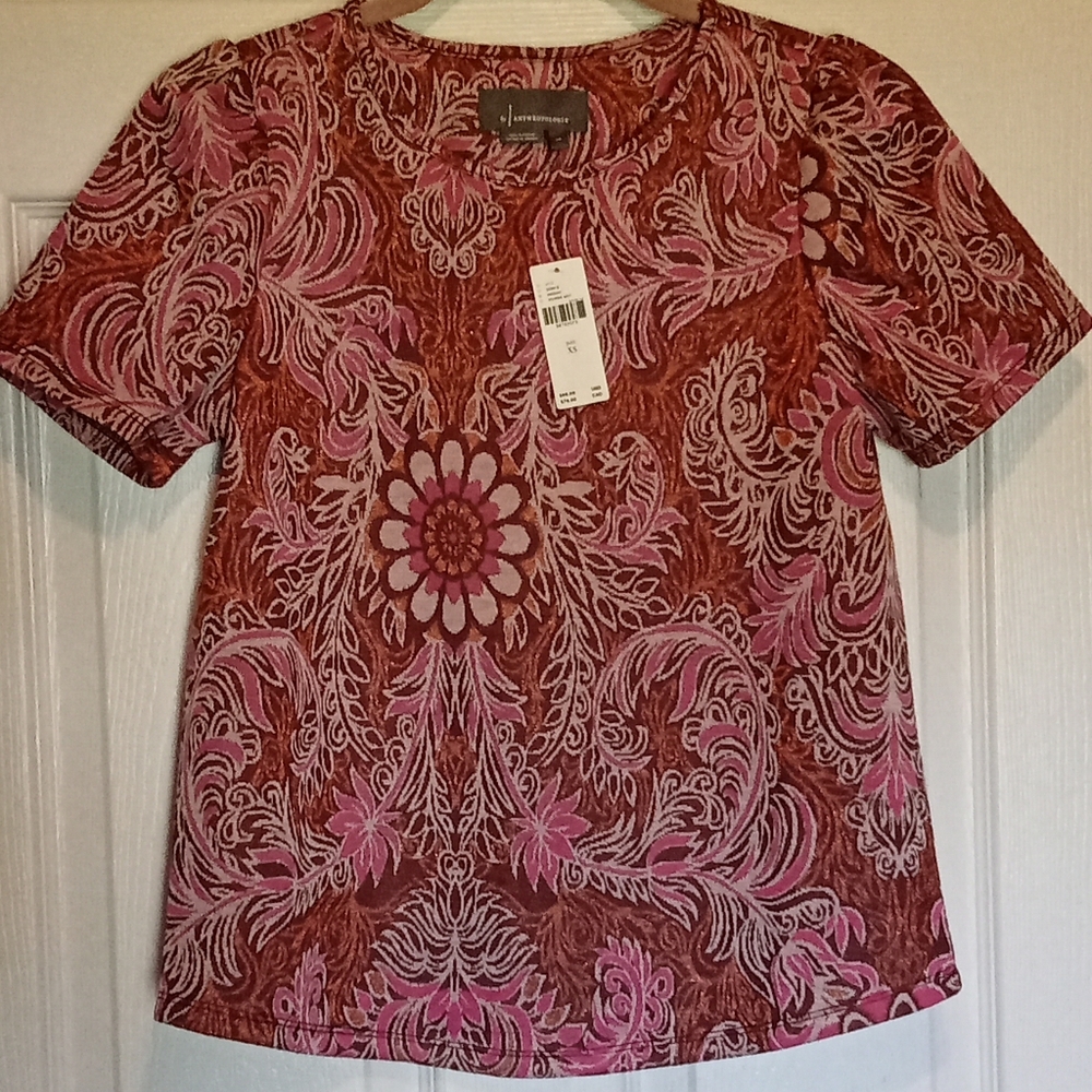 Anthropologie NWT Pink & Rose Gold Metallic Demeter Paisley Top Women's Size XS